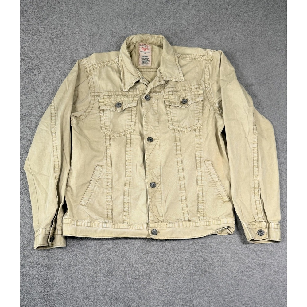 Escapism Jacket Mens 2XL Beige Denim Jean Button Front Trucker Casual Cotton